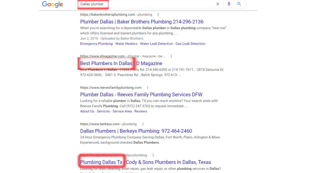 SEO plumbing keyword example